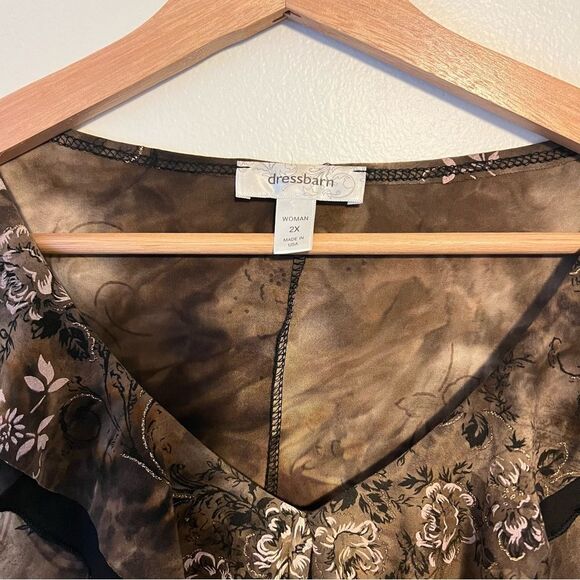 Dressbarn Brown Floral Ruffle V-Neck Blouse Top Plus Size 2X 3/4 Sleeve Y2K - Picture 3 of 8